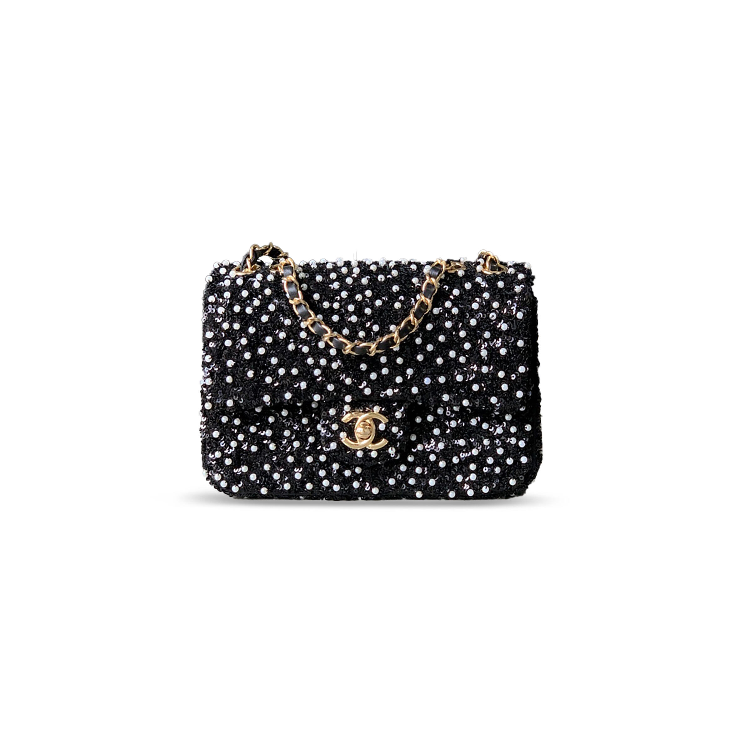 CHANEL MASTER MINI CLASSIC FLAP BAG PEARL AND SEQUINS & GOLD METAL BLACK 295847 (20*12*6cm)